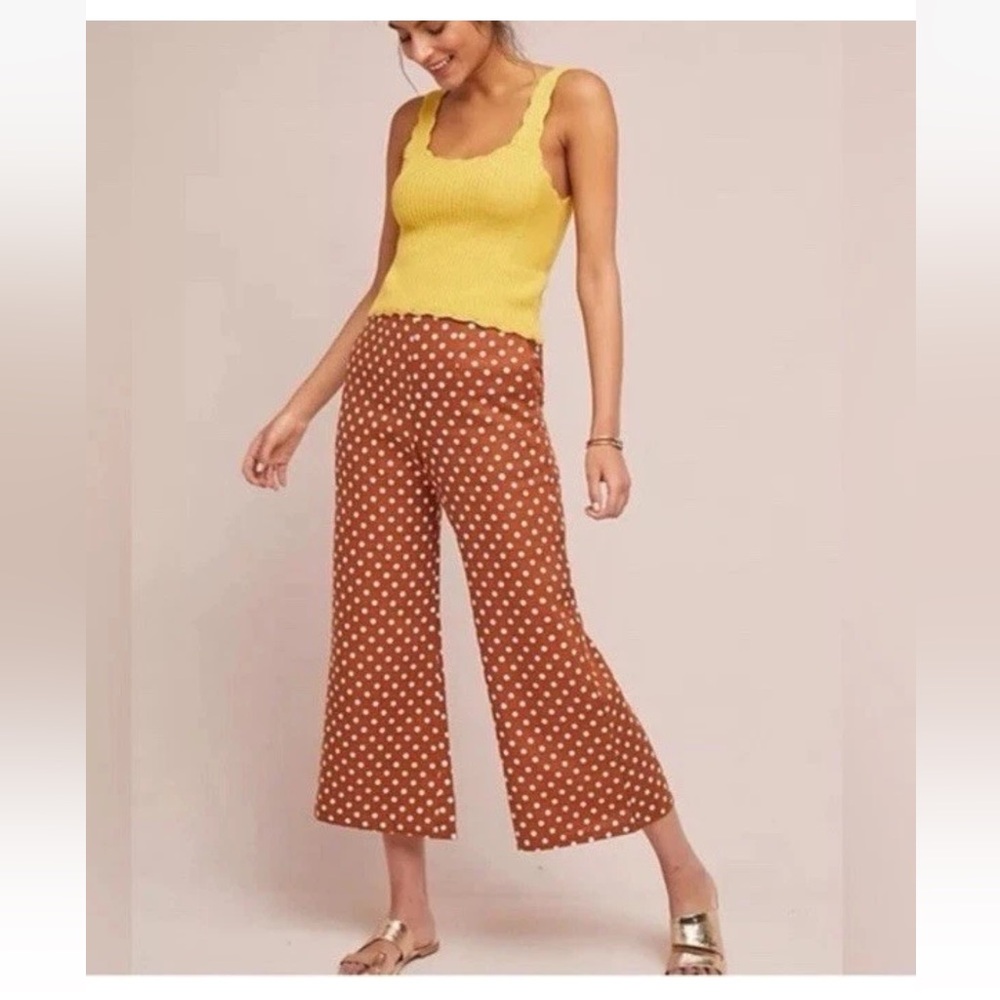 Faithful the Brand Tomas Crop Linen Pants 4 S Orange Brown Polka Dot Wide Leg